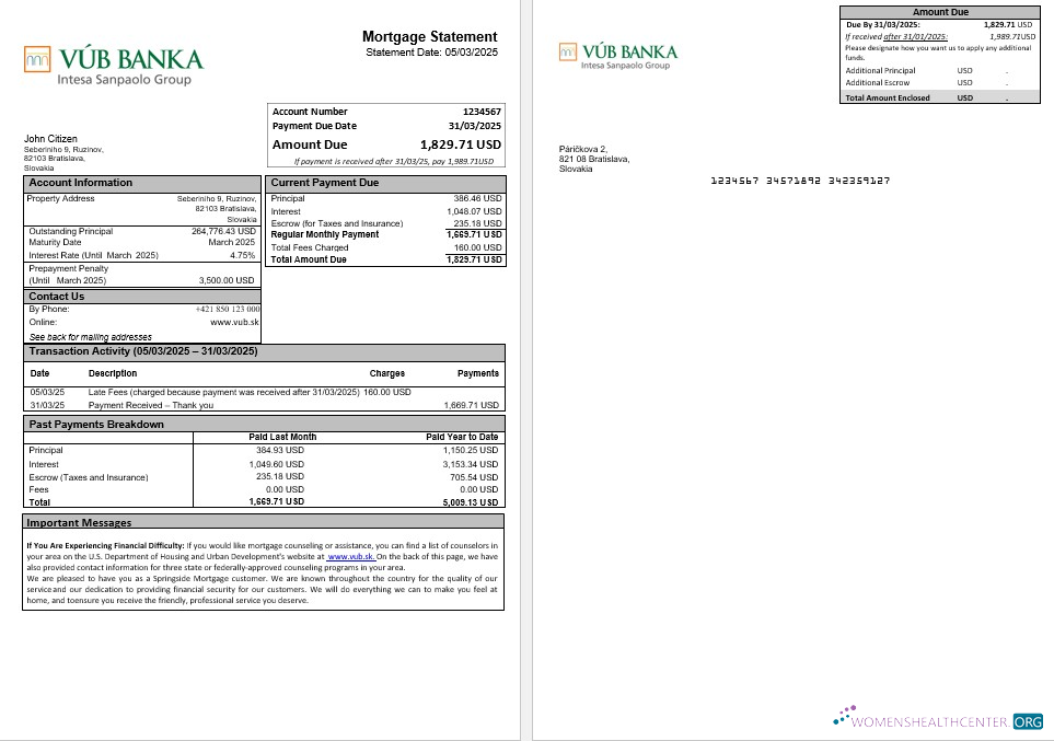 Download Slovakia VUB bank mortgage statement in Word and PDF formats Photoshop template